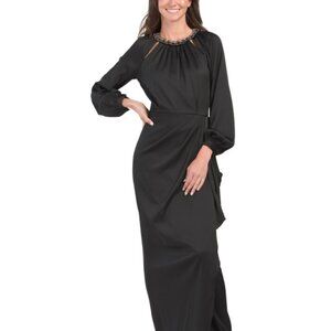 TERI JON Jewel Collar Satin Gown With Drape Side